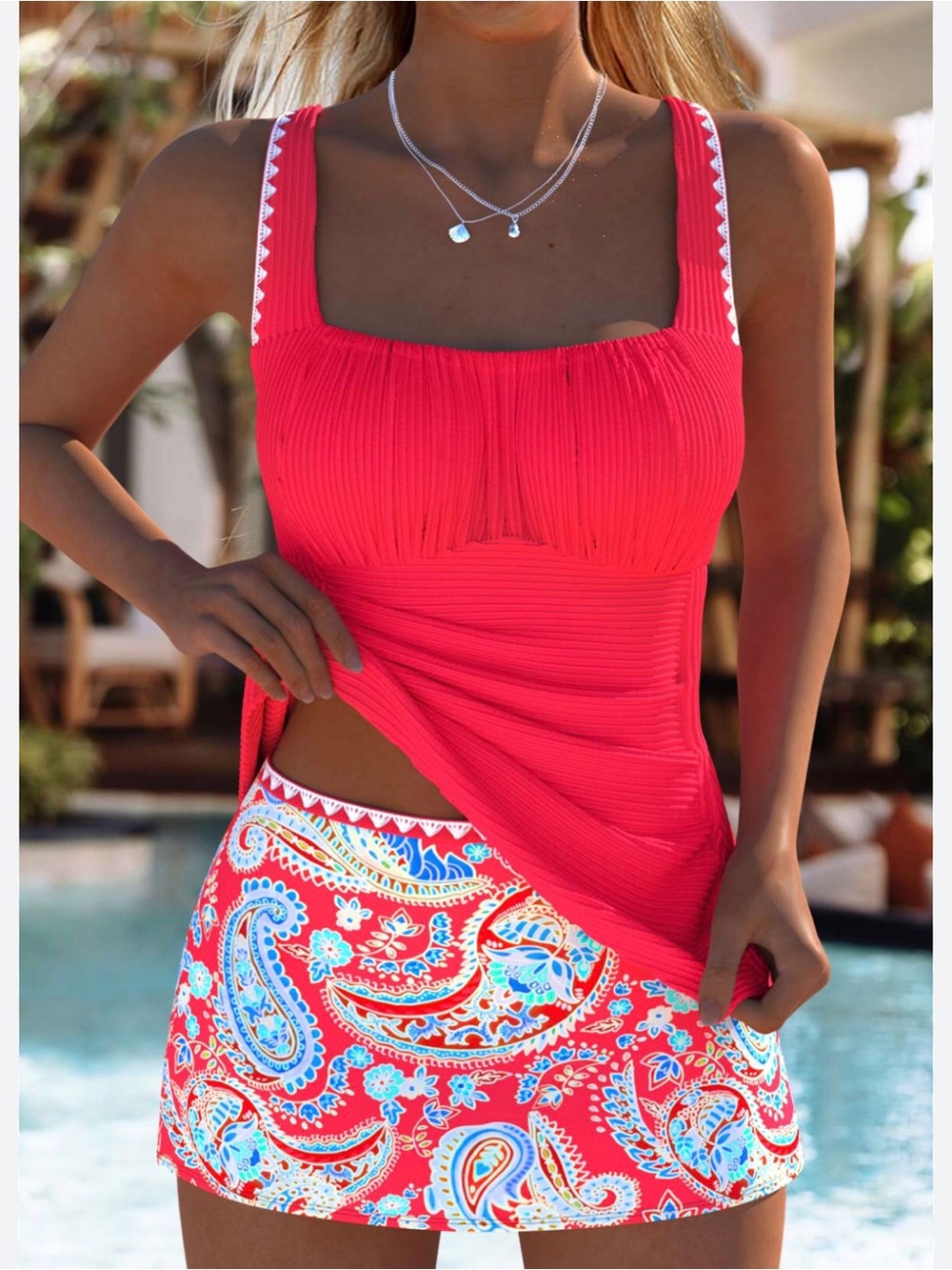 Modlily Women’s Tankini & Skirt Set Red/Blue Paisley Mid-Waisted Set Size-L NIB